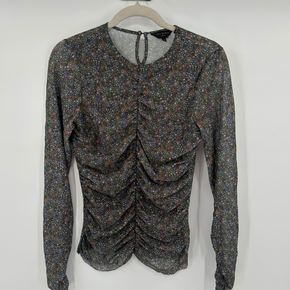 Ted‎ Baker Savannn Floral Mesh Ruched Front Long Sleeve Top Black Multi Size 2